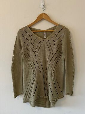 Miilla Crochet Linen and Cotton Olive Green Sweater | Size Small